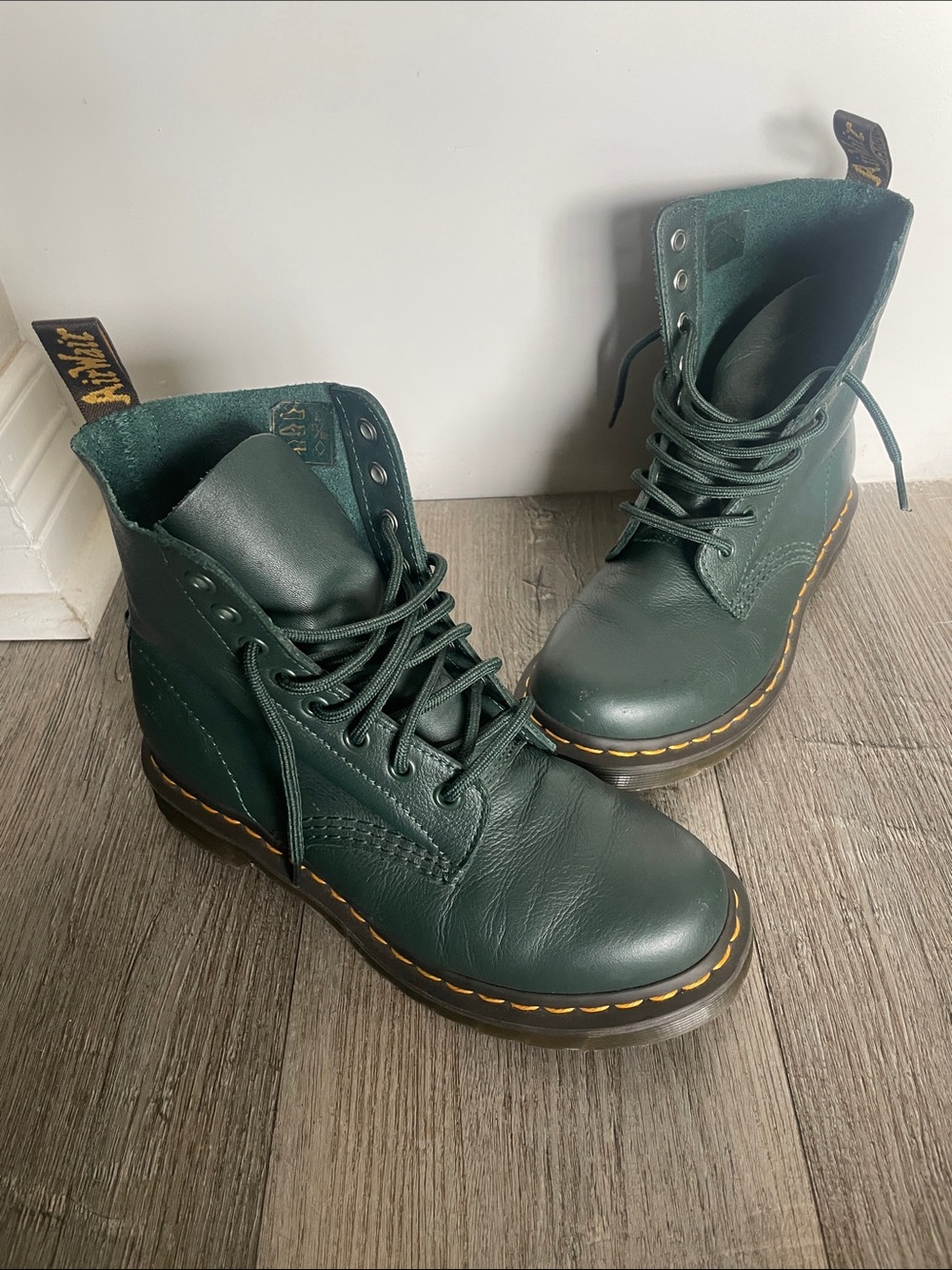 Dr. Martens Pine Green 8-Eye Leather Boots with Yellow Stitching